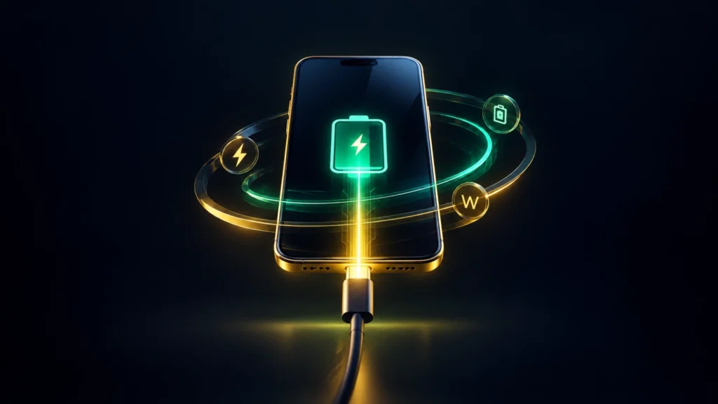 Smartphone charging with a glowing USB-C cable and watt symbol