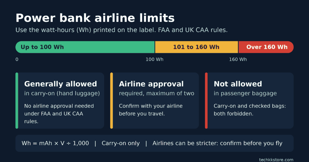 Power bank on a plane infographic: watt-hour limits in three bands, up to 100 Wh, 101 to 160 Wh and over 160 Wh
